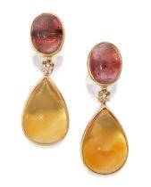 A pair of citrine, pink tourmaline and diamond drop earrings, by Zam Gems, composed of a collet s...