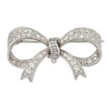 A diamond bow brooch, set with single-cut, brilliant-cut and baguette-cut diamonds, circa 1960, w...