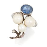 A pearl, sapphire and diamond ring,