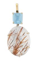 A rutilated quartz and topaz pendant, by Zam Gems, an oval cabochon rutilated quartz, surmounted ...