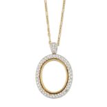 A pavé diamond pendant, the oval mount with vacant centre to pavé diamond-set bail, both mount an...