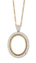 A pavé diamond pendant, the oval mount with vacant centre to pavé diamond-set bail, both mount an...