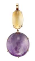 An amethyst and citrine pendant, by Zam Gems, a round cabochon amethyst, surmounted by an oval ca...
