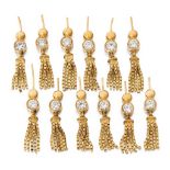 Twelve diamond tassel drops, each fitting designed as a brilliant cut diamond weighing approximat...