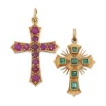 Two gem-set cross pendants, one grain set with round mixed-cut rubies, the other collet-set with ...