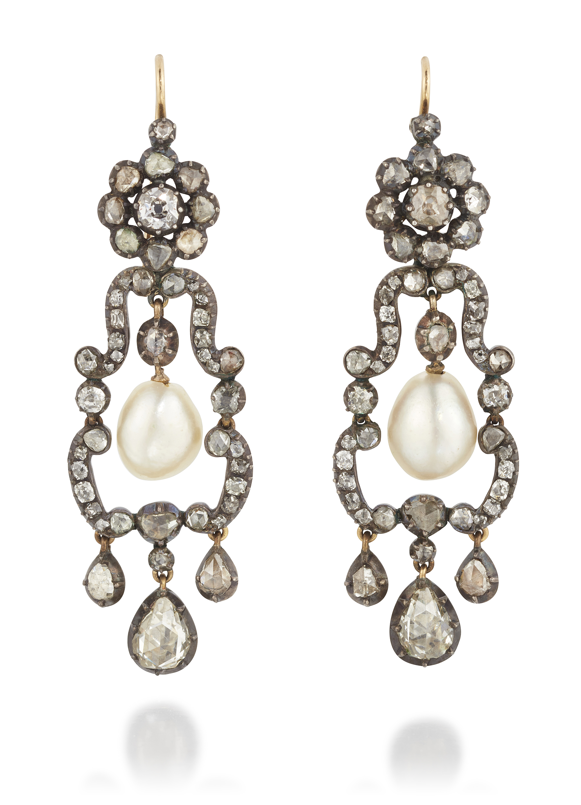 A pair of early 19th century diamond and pearl earrings, an articulated rose-cut and mine-cut dia...