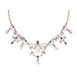 A blister pearl, synthetic ruby and diamond necklace, the centrepiece formed of scrolling panels ...