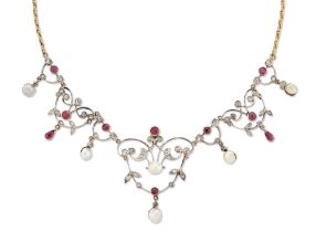 A blister pearl, synthetic ruby and diamond necklace, the centrepiece formed of scrolling panels ...