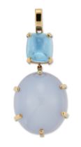 A chalcedony and topaz pendant, by Zam Gems, an oval cabochon chalcedony, surmounted by a cushion...