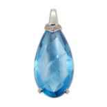 A blue topaz and diamond pendant, by Zam Gems, a pear cabochon blue topaz with chequer cut pavili...