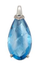 A blue topaz and diamond pendant, by Zam Gems, a pear cabochon blue topaz with chequer cut pavili...