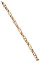 An Edwardian 15ct gold peridot and blister pearl bracelet, with alternating round-cut peridots (o...