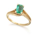 A single stone emerald ring, the emerald-cut emerald, claw set, to crossover style shoulders and ...