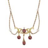 An Art Nouveau garnet, pearl and enamel swag necklace, the enamelled garnet and old brilliant-cut...