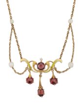 An Art Nouveau garnet, pearl and enamel swag necklace, the enamelled garnet and old brilliant-cut...