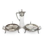 WMF  Secessionist decanter and a pair of Secessionist three leg fruit bowls with three handles (...