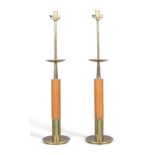 Stiffel  Pair of large table lamps, circa 1960   Teak, brass  Each 91cm high  It is the buyer's...