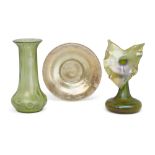 Loetz  Creta Rusticana vase, green Jack in Pulpit vase, and Saucer with Papillon pattern undersi...