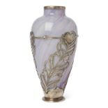 Orivit and Val St Lambert  Art Nouveau vase in lilac, pink and white streaked glass sitting with...