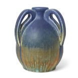 Ruskin Pottery  Three-handled vase in blue drip glaze over orange and turquoise, 1932  Glazed ea...