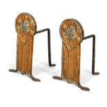 Arts & Crafts  Fender and pair of andirons, each set with Ruskin type cabochon and radiating sty...