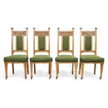 Arts & Crafts  Four dining chairs with floral carved back panels, circa 1910  Oak, fabric uphols...