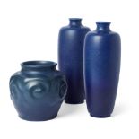 Pilkington's Royal Lancastrian Pottery Pair of blue ceramic vases no. 3108, and an ovoid form bl...