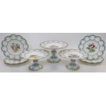 A Victorian Coalport porcelain part dessert service, of cream ground with blue and gilt highlight...