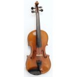 A German violin, c.1920, stamped below button Leopold Mitsching Elberfeld, length of back 35.8cm