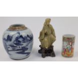 A Chinese canton enamel brush pot, a blue and white jar and a soapstone figure of Lu Dongbin, 19t...