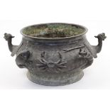 A large Japanese bronze incense burner, Meiji period, cast to the body with Animalia including cr...