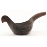 A Scandinavian carved wood ale cup, 20th century, in the form of a stylised bird, 29.4cm wide