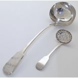 A George IV silver fiddle pattern ladle, London, 1821, Richard Devonshire, with engraved initials...