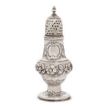 A George III silver caster,  London, 1778,Thomas Daniell, the baluster body repousse decorated wi...