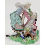 A Derby porcelain figure group, 'The Broken Chair', c.1800-25, red enamel crowned crossed batons ...