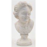 A carved marble bust of a child, late 19th / early 20th century, their head turned to sinister, c...