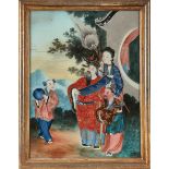 A Chinese reverse glass painting, late Qing dynasty, painted with an official and attendants in a...
