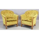 A pair of Art Deco oak framed armchairs, second quarter 20th century, with damask velour upholste...
