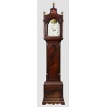 A George III mahogany longcase clock, the pagoda top with three brass finials above brass capped ...