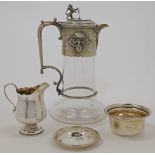 A small collection of silver and silver plate, comprising: a silver plate mounted claret jug, the...