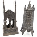 Two bronze desk ornaments, late 19th / early 20th century, to include a hanging letter rack of ar...
