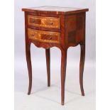 A French inlaid mahogany side table, first quarter 20th century, the inset marble top above two d...