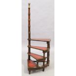 A set of mahogany spiral library steps, 20th century, with brass knob and ring turned supports, i...