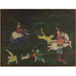 A modern Indian miniature on silk of a hunting scene, depicting four hunters chasing a tiger, two...