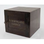 A mahogany lockbox, late 19th / early 20th century, of rectangular form, the hinged door painted ...