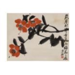 Qi Baishi (1864-1957), Camellia, wood block print by Rong Bao Zhai, hanging scroll, 29 x 22cm    ...