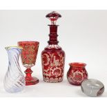 A group of Bohemian cranberry glassware, 19th century, to include: a decanter with double knopped...