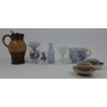 A mixed collection of ceramics and glass, to include: an opaque white glass twin handled baluster...