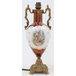A Continental porcelain Sevres style lamp, 20th century, of baluster form with maroon and white g...
