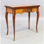 A French inlaid card table, Louis XV style, 20th century, gilt metal mounted, with green baize, o...